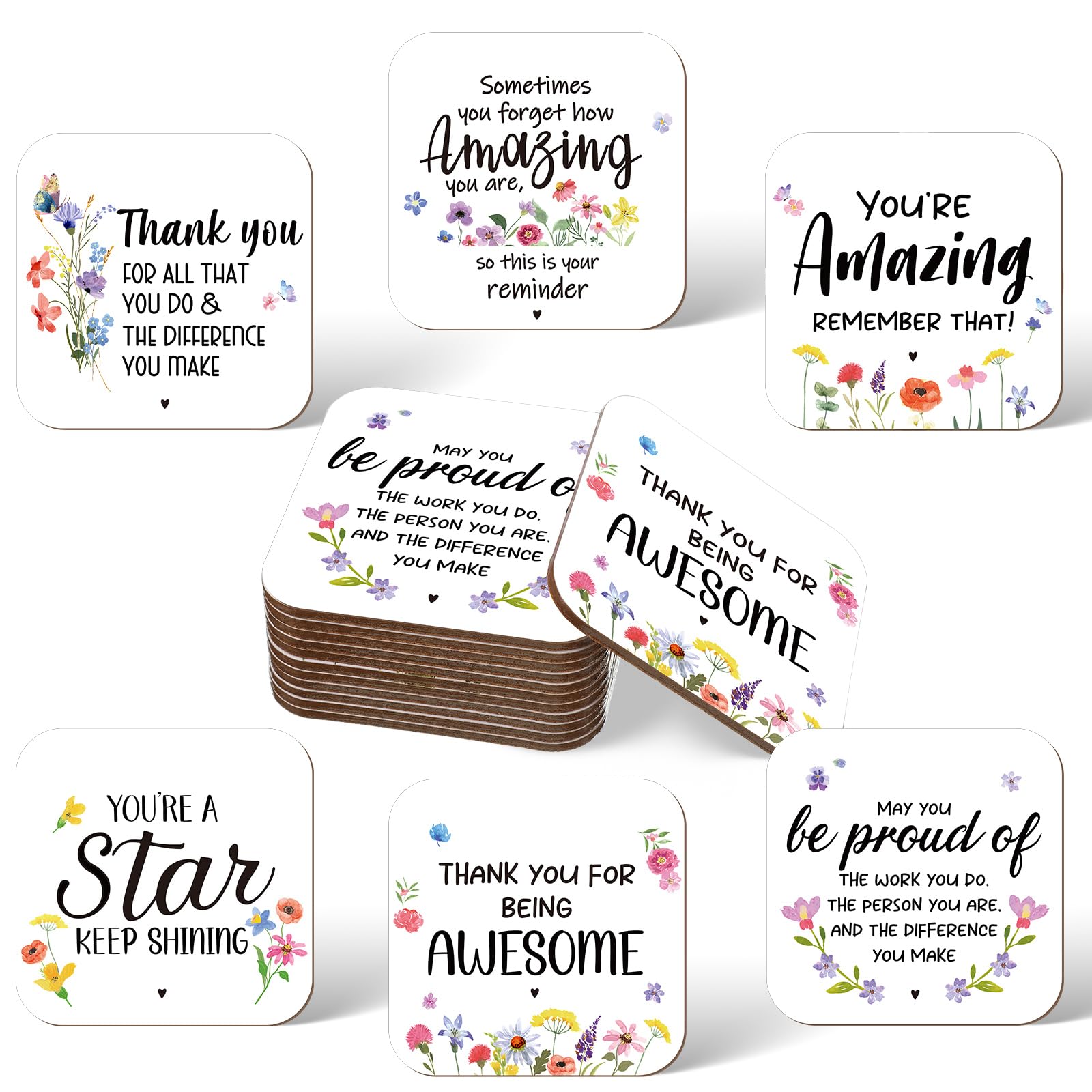 Perthlin 12 Pcs Thank You Gifts, Employee Appreciation Coasters Gifts, Inspirational Personalised Absorbent Coasters with Fiber Cork Base for Colleagues Teacher Nurses Volunteer Bulk Gift (Square)
