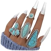 Navirix Vintage Turquoise Western Rings for Women,Exaggerated Chunky Oval Floral Snake Knuckle Rings Set,Boho Stack Layered Aesthetic Country Jewelry
