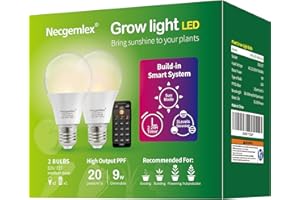 Necgemlex Smart LED Grow Light Bulbs with Remote Controller, Sun Mode, Built-in Daily Auto Timer, 4500K, A21/A70 E26/E27 9W Dimmable Full Spectrum Grow Bulbs for Indoor Plants, 2 Pack