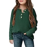 rrhss Girls Waffle Knit Sweaters Trendy Henley Button V Neck Long Sleeve Pullover Jumper Tops
