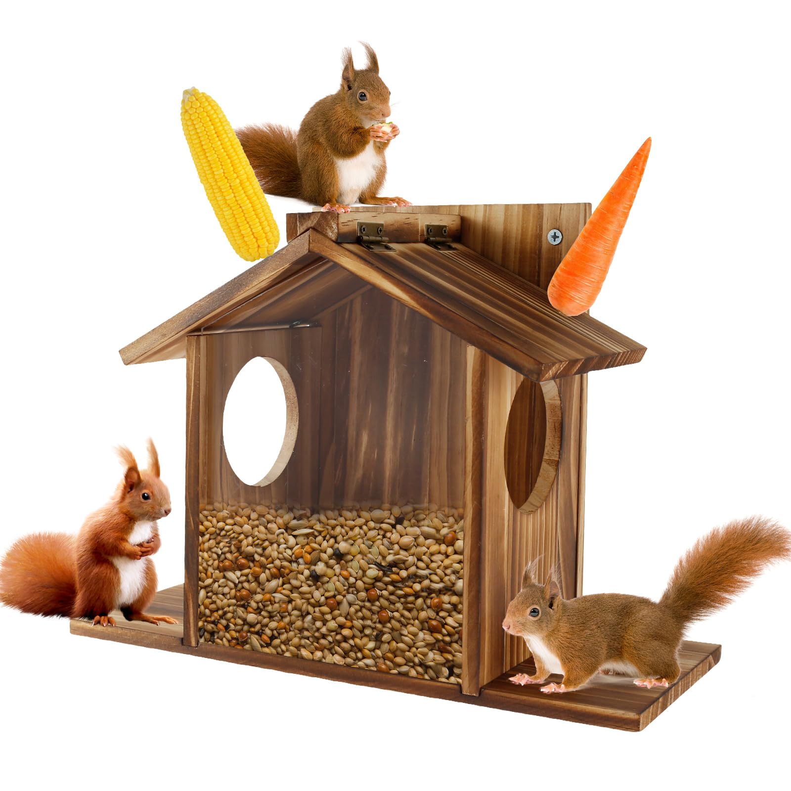Wooden Squirrel Feeder House, Squirrel Feeder for Garden, Large Capacity Squirrel Feeding Station, Squirrel House with Flexible Roof, Chipmunk Feeding Station for Backyard and Garden Funny Gifts