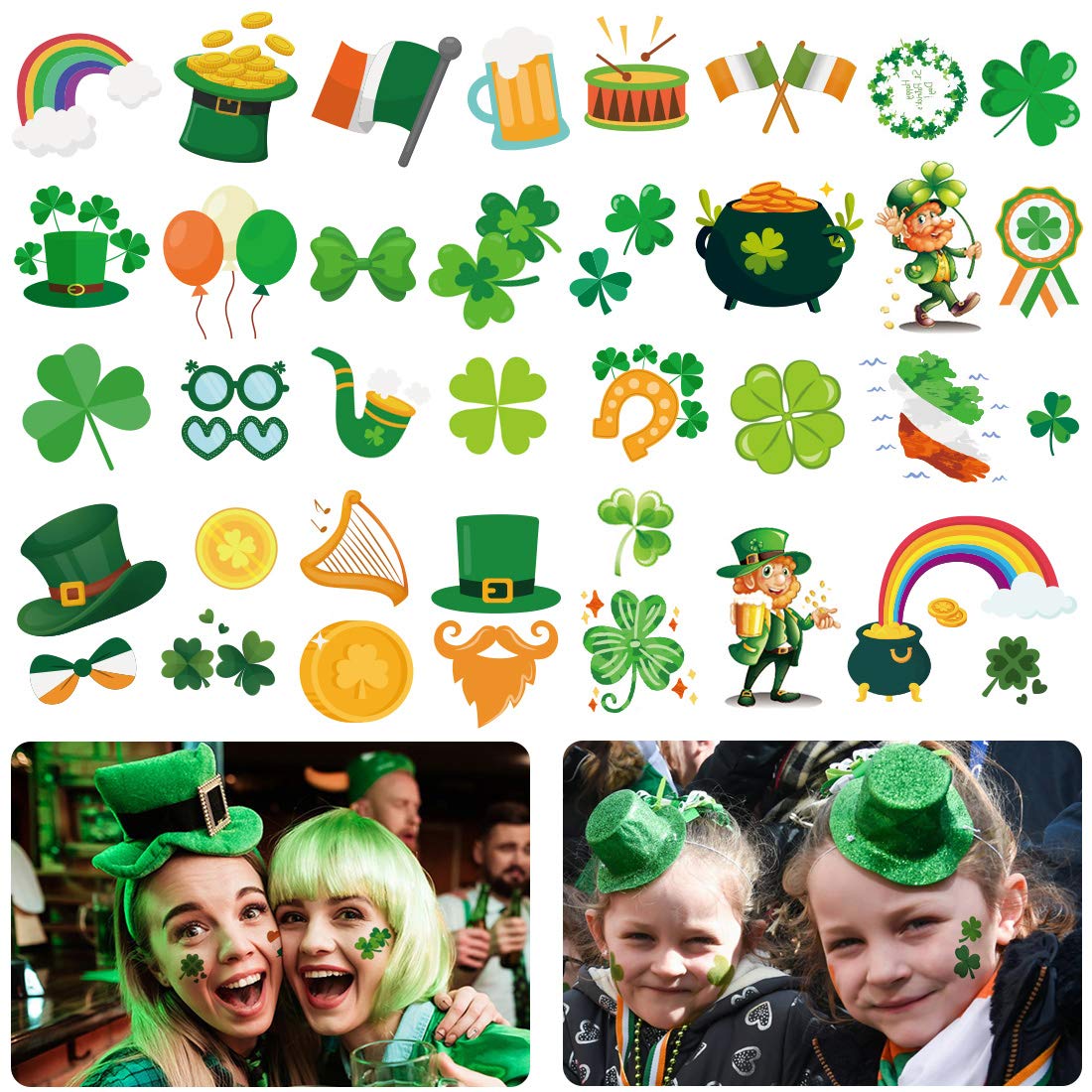 168 PCS St. Patrick's Day Tattoos Stickers Shamrock Tattoos Temporary Stickers Irish Tattoos Stickers for St. Patricks Day Parade Party Favors Decorations