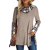 Miusey Women's Cowl Neck Tunic Sweaters Long Sleeve Shirts Lightweight Pullover Sweatshirts Side Split Tunic Tops