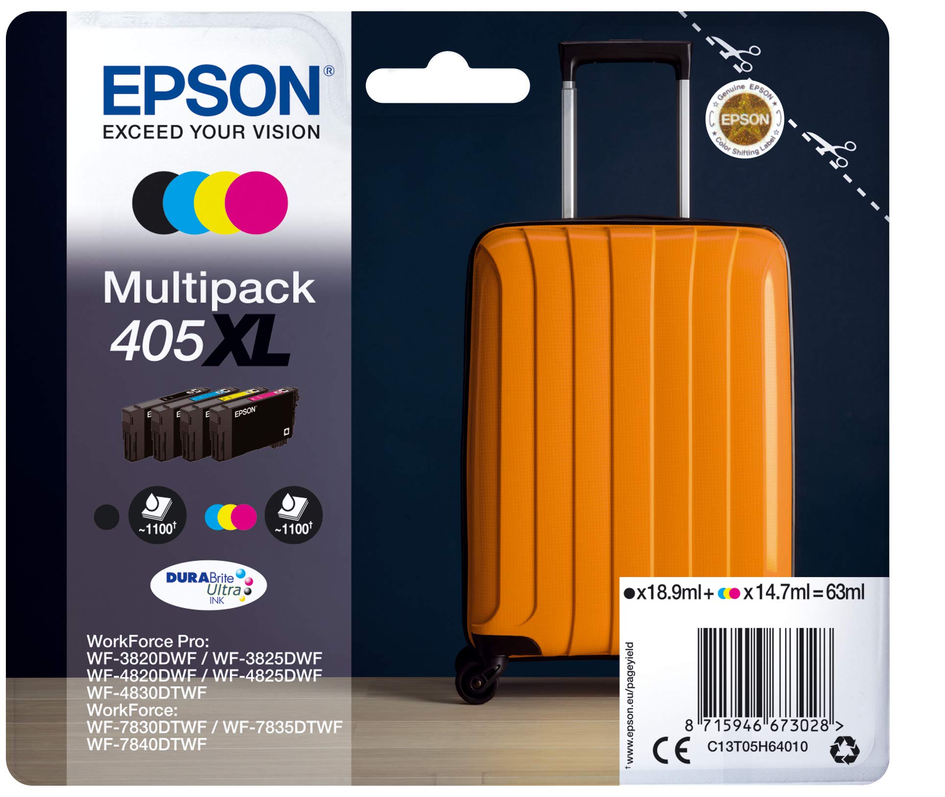 Epson Ink Cartridges, DURABrite" Ultra, 405XL, Multipack, 1 x 16.3 ml Black, 1 x 10.8 ml Cyan, 1 x 10.8 ml Magenta, 1 x 10.8 ml Yellow, XL, RF+AM