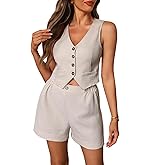 winkbay Women's 2 Piece Work Office Outfit Elegant V Neck Button Up Blazer Vest and Pants Set