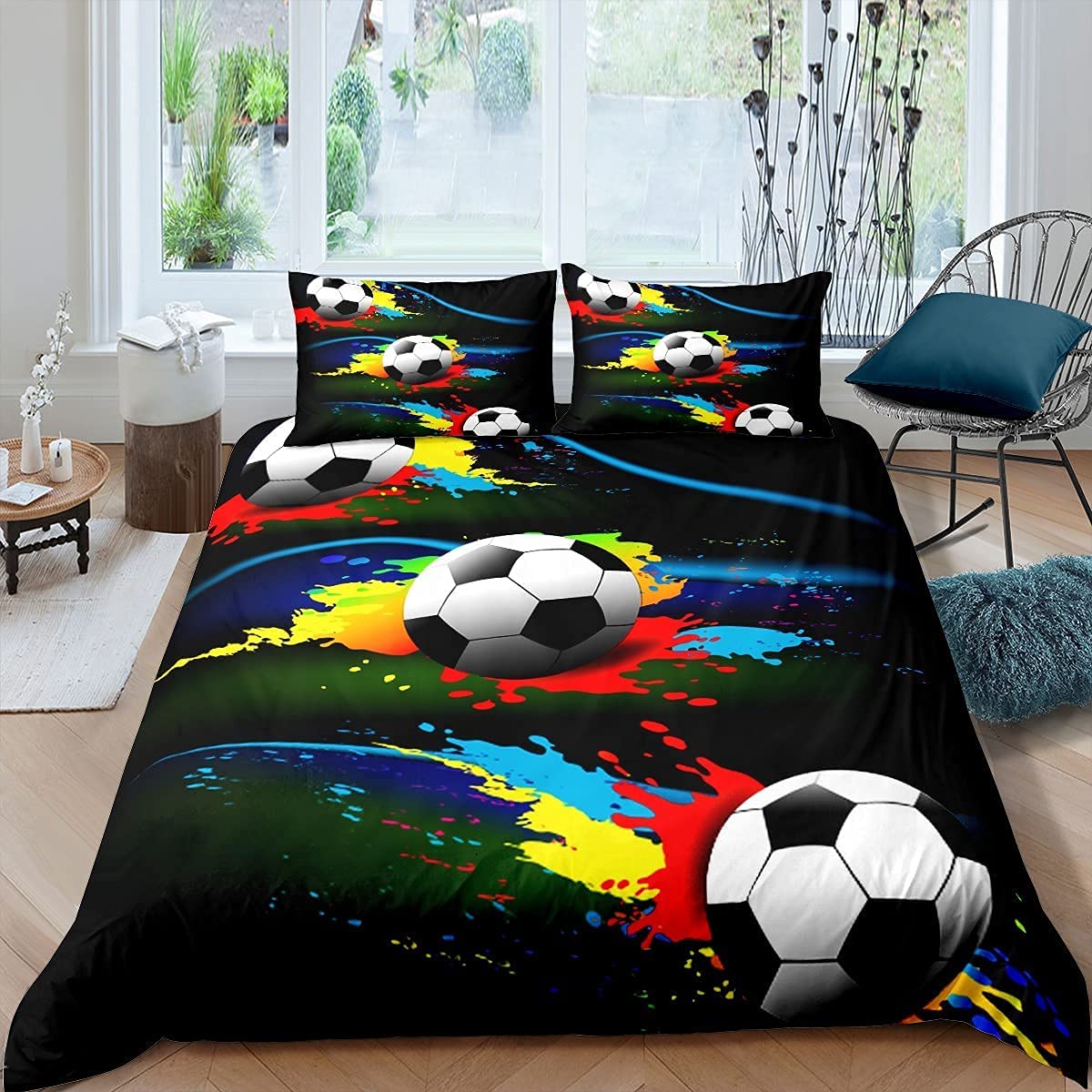 Homemissing Football Bedding Set Sports Theme Comforter Cover for Kids Teens Soccer Ball Pattern Duvet Cover Competitive Games Bedspread Room Decor Colorful 3Pcs Double