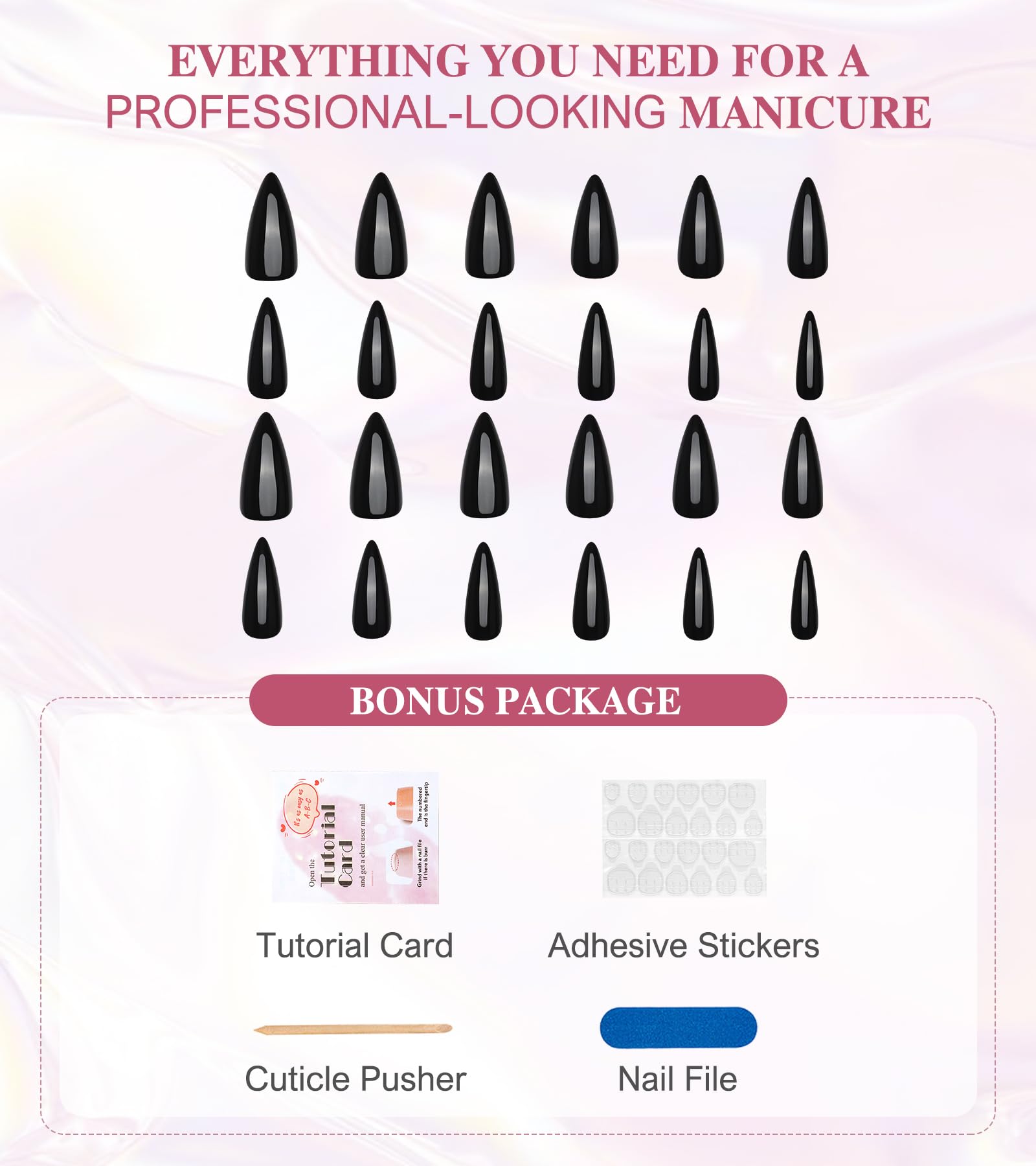 Black Press On Nails - Aegenacess Jelly Stiletto Fake Nails with Glue Sticker, Press On Nails Long, Glossy Stick On Nails in 12 Sizes, 24PCS Glue On Nails - Image 2