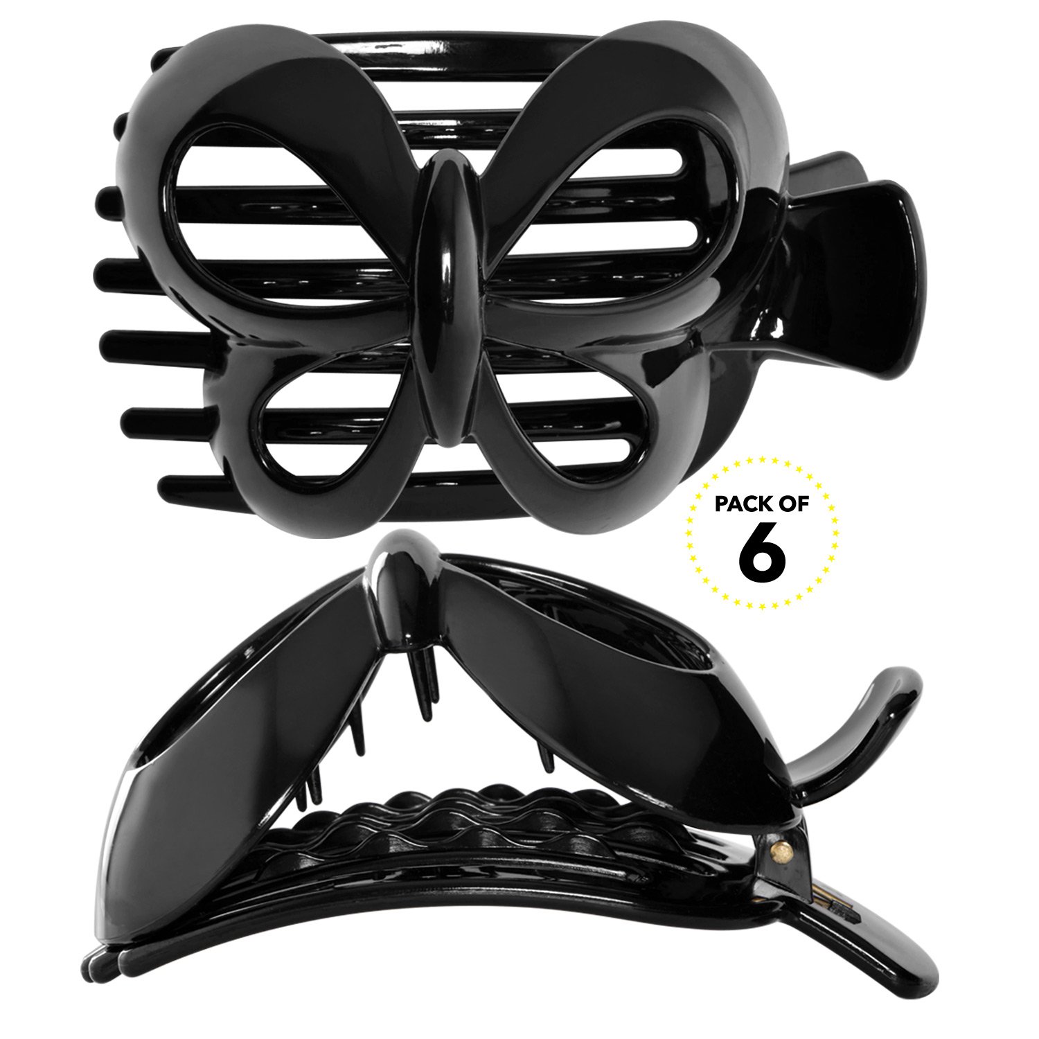 RC ROCHE ORNAMENT 6 Pcs Womens Hair Butterfly Cute Design Grip Side Slide Wide Teeth Strong Hold Durable Stylish Girls Fashion Accessory Premium Claw Clamp Jaw Clip, Large Black