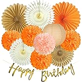 SUNBEAUTY Orange Birthday Party Decorations for Girls Women with Happy Birthday Banner Fall Hanging Paper Fans Tissue Pom Poms Lanterns for Thanksgiving Harvest Friendsgiving Autumn Wedding Decor