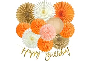 SUNBEAUTY Orange Birthday Party Decorations for Girls Women with Happy Birthday Banner Fall Hanging Paper Fans Tissue Pom Poms Lanterns for Thanksgiving Harvest Friendsgiving Autumn Wedding Decor