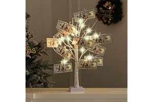 Nakolulu Money Tree Gift Card Holder 24 LED Birch Tree Lamp Battery/USB Powered Light Up White Trees Gift Card Holder with 22 Clear Clips for Photo Birthday Fall Thanksgiving Halloween Christmas