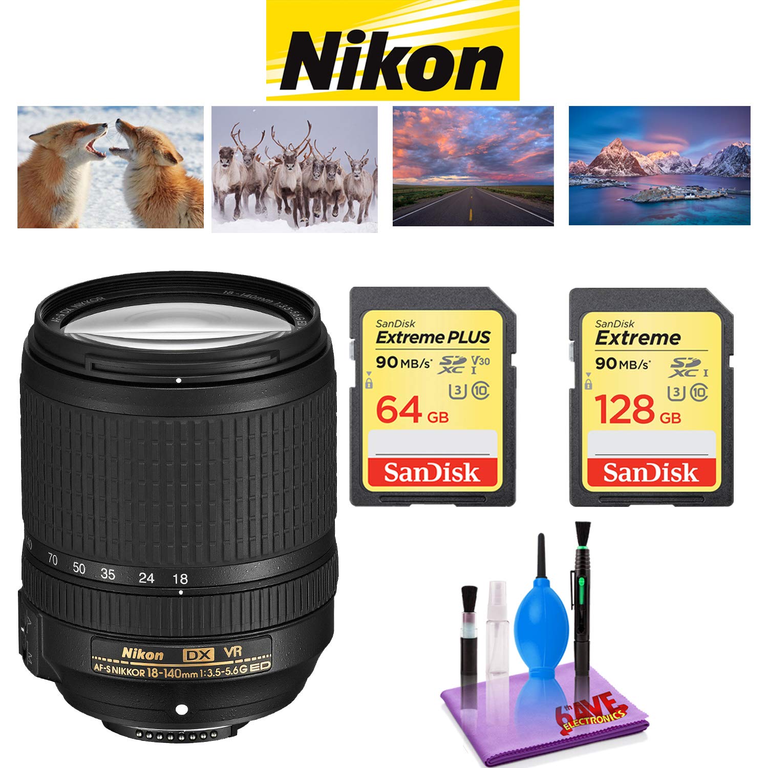 NIKON 18-140MM F/3.5-5.6G ED AF-S DX VR Lens with Sandisk 64GB and