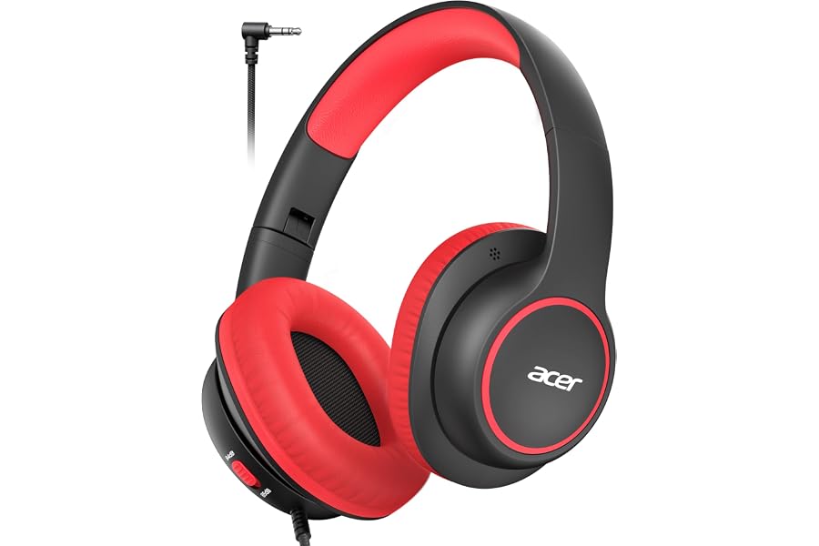 Acer Kids Headphones Wired for School - Over Ear Design, 85/94dB Safe Volume Limit, 3.5mm Jack Foldable Headphones for Toddler Boys Girls Classroom Yoto Player Chromebook Travel Black Red