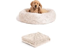 Best Friends by Sheri Bundle Set The Original Calming Lux Donut Cuddler Cat and Dog Bed + Pet Throw Blanket Oyster Small 23"