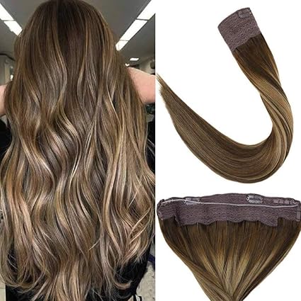 Laavoo 16 Invisible Halo Hair Extensions Flip On Double Weft Human Hair Balayage Hair Color Dark Brown Fading Caramel Blonde To Brown Adjustable Fish