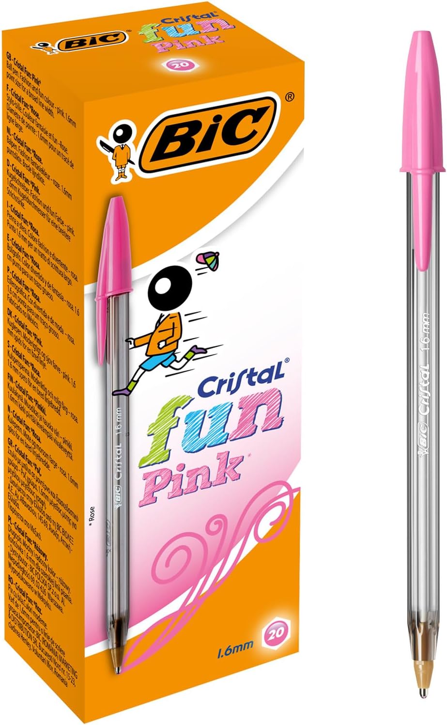 BIC Cristal Fun Pink Pens Pack 20 Pink Ink 1.6mm Wide Point Biro