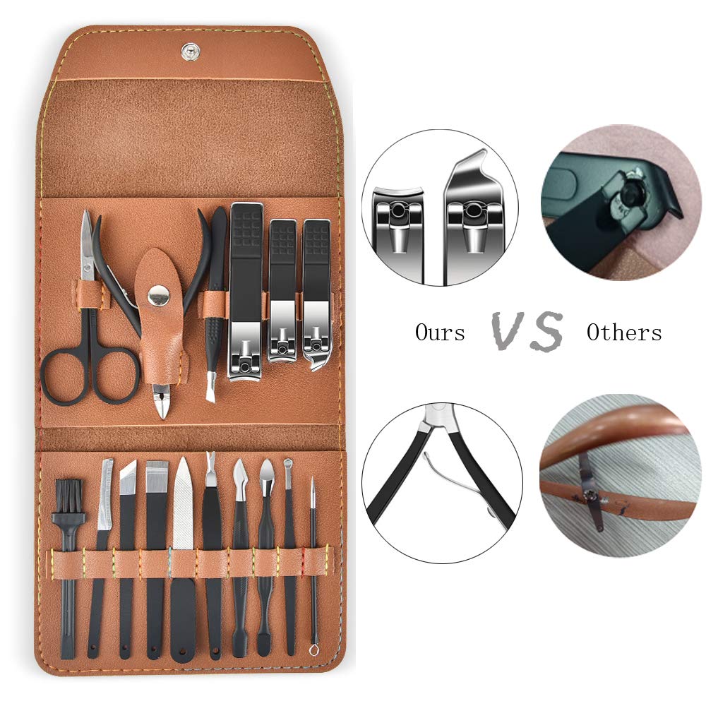 Nail Clippers Set Manicure Pedicure Kit - PWING 16 in 1 Black Manicure Set Professional Pedicure Nail Trimmer Tools, Portable Manicure Grooming Set with Brown Leather Case : Beauty