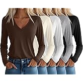 Huukeay 5 Pack Women's T-Shirts V Neck Long Sleeve Tops Casual Loose Fit Layering Shirts Flat Hem Basic Plain Work Tees