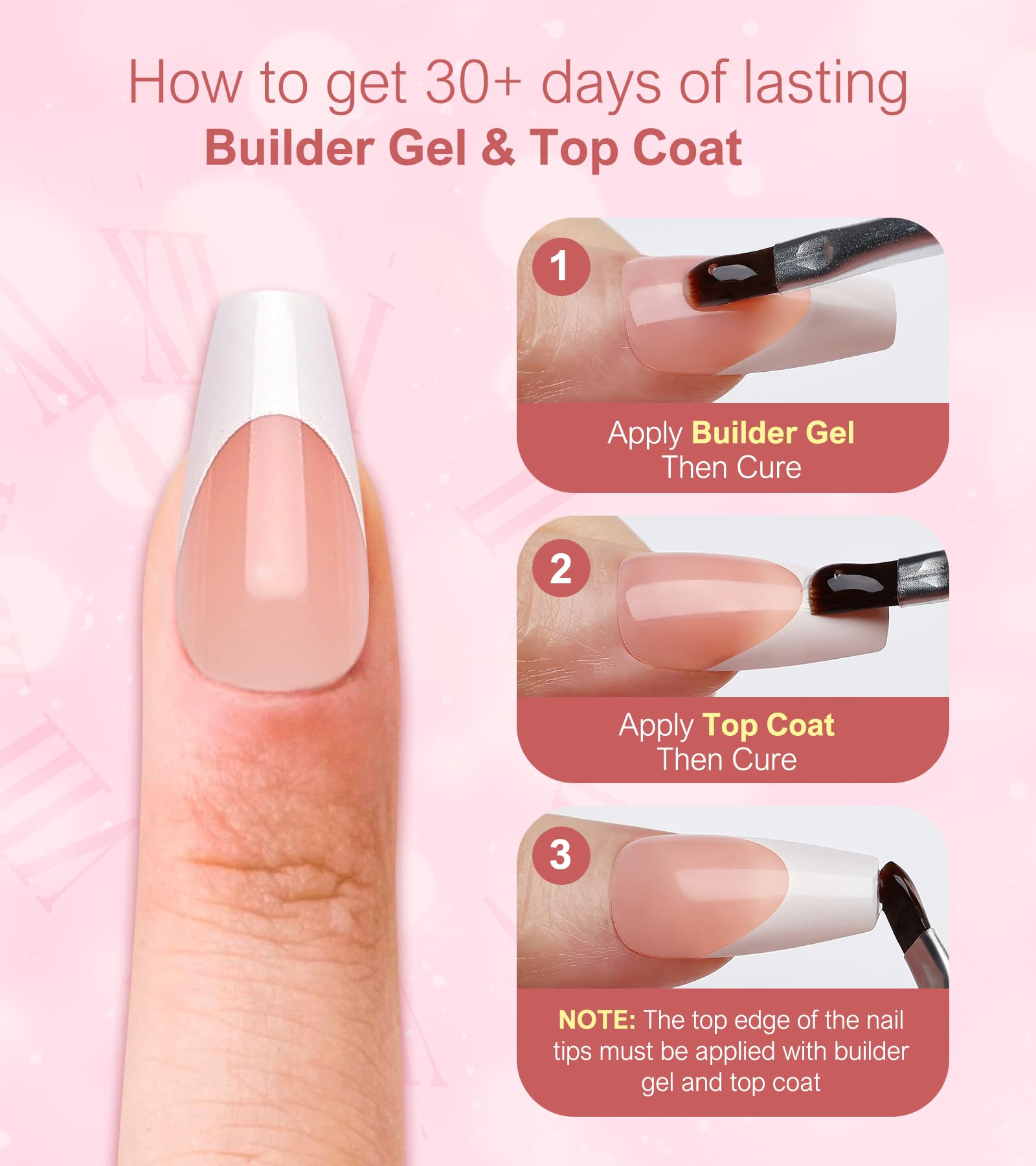 Morily Light Pink White French Tip Press on Nails, 30Pcs Long Coffin Thicker Fake Nails Reusable False Nails with Design, Glossy Acrylic Stick on Nails for Women, 15 Sizes, Include Glass File - Image 5