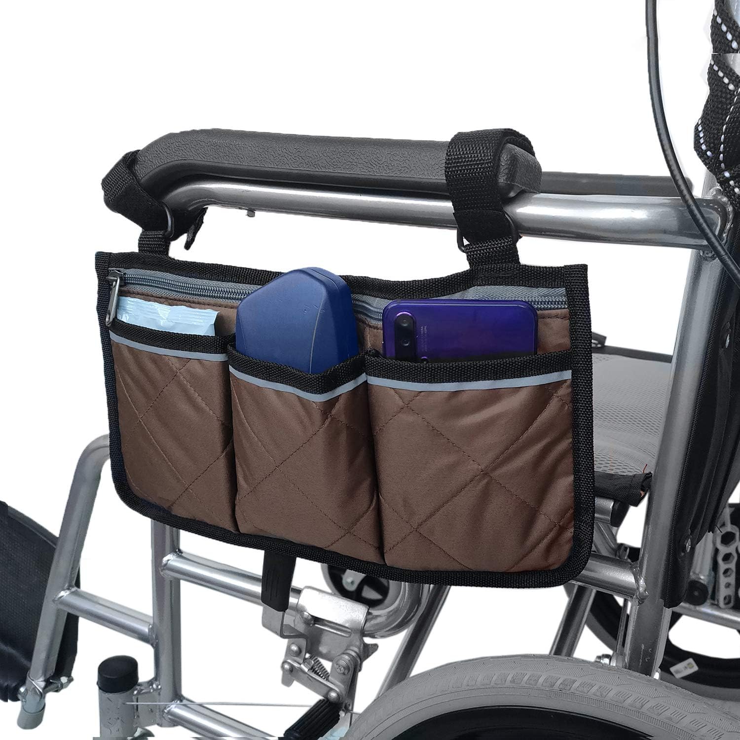 Wheelchair Side Bag with Pouches and Reflective Stripe, Wheelchair Armrest Side Organizer for Electric Wheelchairs, Manual Wheelchair, Lightweight and Easy to Use (Brown): Health & Personal Care