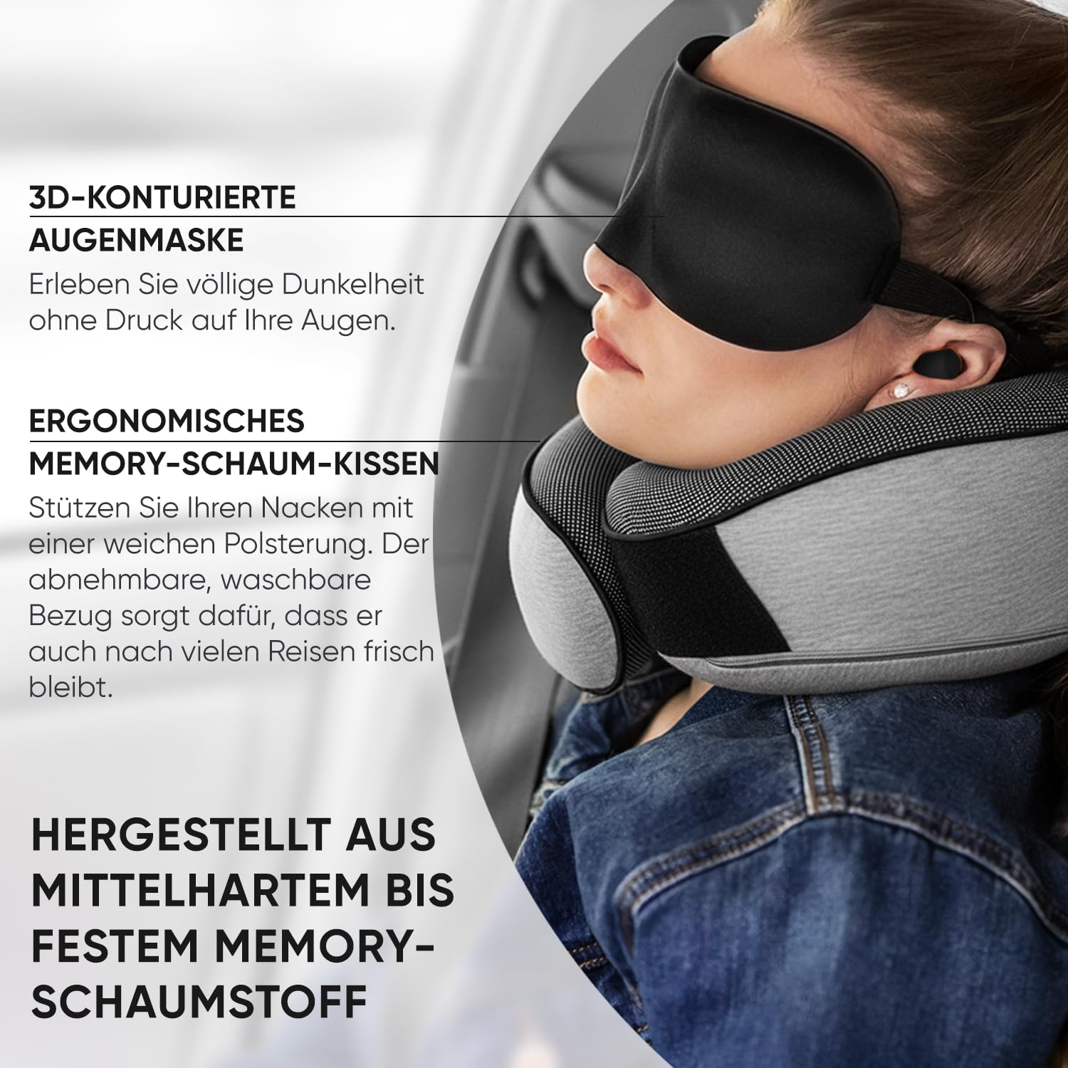 Proglobe Nackenkissen Flugzeug, Reisekissen 100% Memory Foam, Orthopädisches Nackenhörnchen, Ideal für Reisen mit Flugzeug, Auto, Zug Mit 3D-Schlafmaske, Hochwertige Netztasche, Grau 4