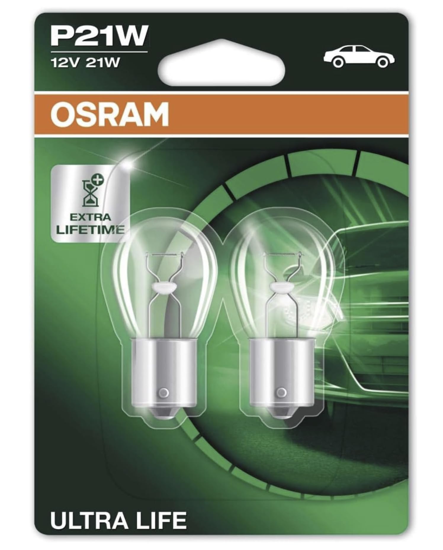OSRAM ULTRA LIFE P21W halogen signal lamp, brake light, rear fog light, 7506ULT-02B, 12 V passenger car, double blister (2 units)