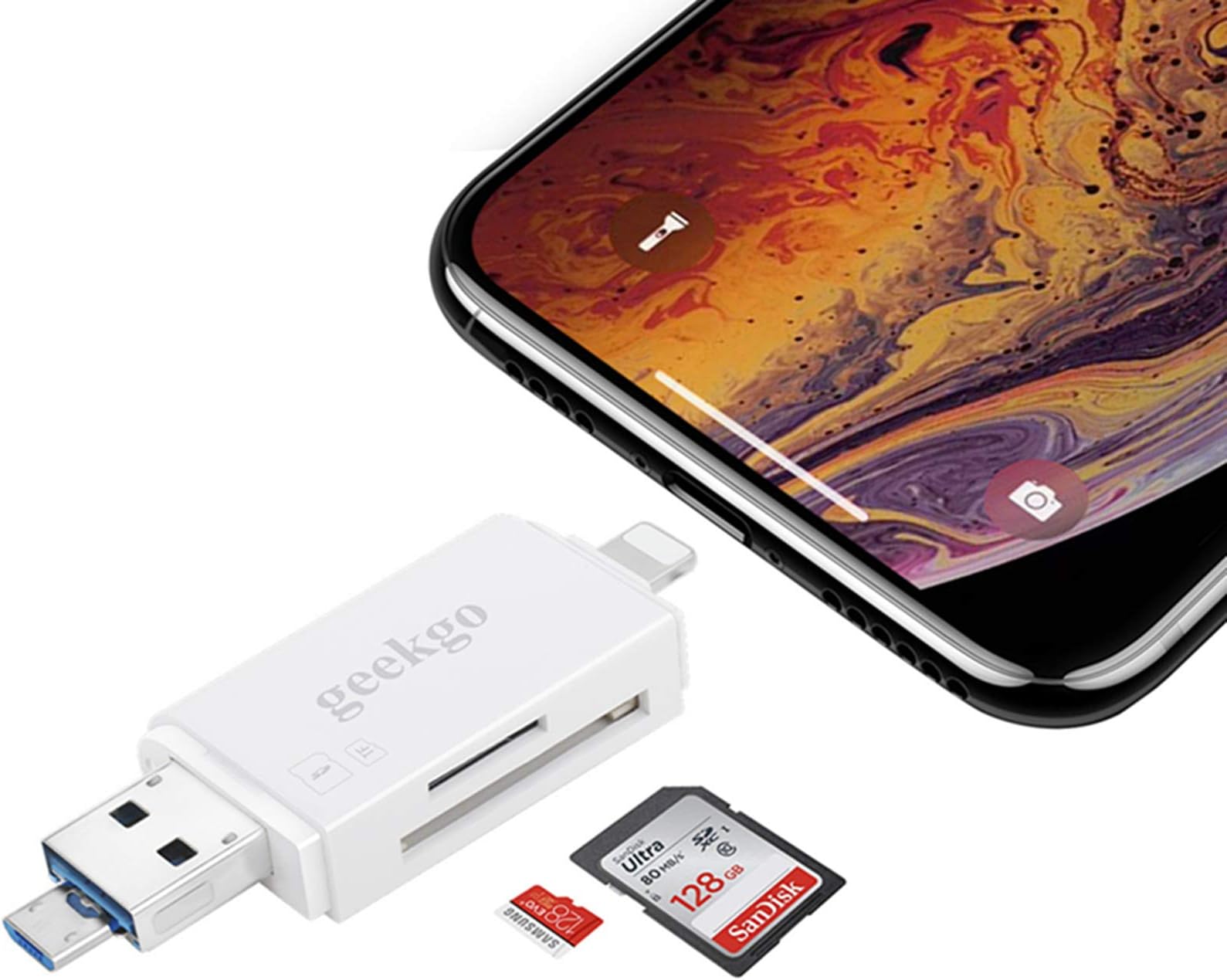 geekgo SD Card Reader,Micro SD TF USB Memory Card Reader Trail Game Camera Adapter Viewer for iPhone iPad Mackbook Laptop Surface iOS Android Mac - Supports Micro USB OTG 3 in 1 (White)