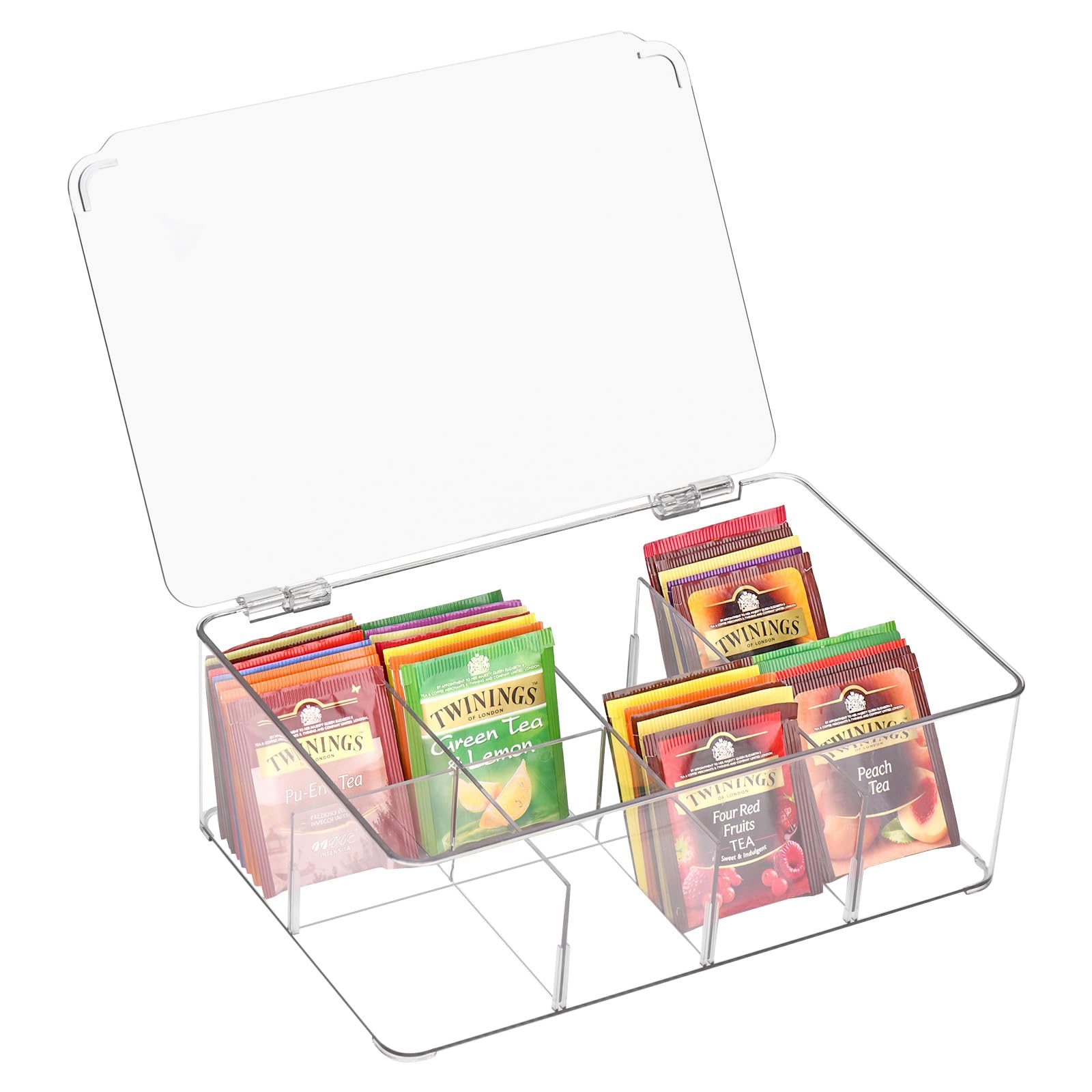DearCal Tea Storage Boxes- Plastic Transparent Tea box with 8 compartments - Tea Bag Holder Kitchen Organizers for Tea Bags,Sugar, Coffee Pods