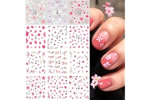 MAIOUSU STORE MiaoWu Nail Art Stickers, 12 Sheets Water Transfer Nail Decals Fresh Nail Stickers with Assorted Patterns Blossom Flower DIY Nail Art Decoration（Pink）