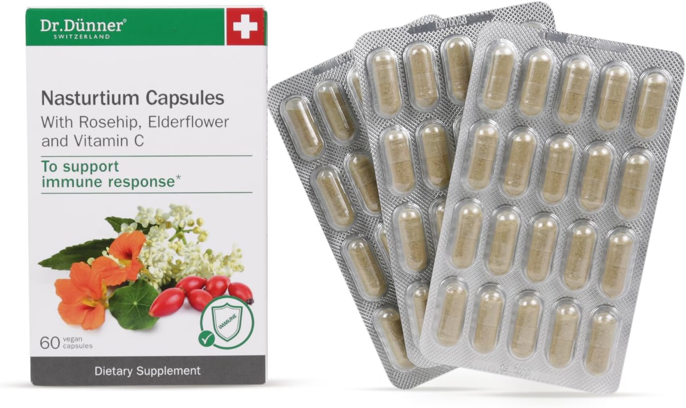 Dr.Dünner Organic Nasturtium Capsules with Rosehip, Wild-Grown Elderflower, and Vitamin C, Vegan Immune Booster, Gluten-Free, Lactose-Free, Non-GMO, Made in Switzerland, 60 Count