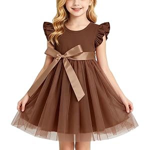 GSVIBK Toddler Girls Satin Bow Tulle Dress Double Ruffle Flutter Sleeve Party Birthday Poster Formal Princess Tutu Dresses