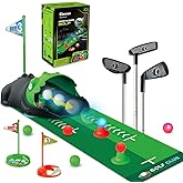 Clemas Upgraded Kids Toy Golf Set with Dinosaur Automatic Golf Returner, Led Light Up Night Golf Balls, 3 Clubs, Putting Mat, 3-8 Toddler Mini Golf Games, Indoor Outdoor Sports Toys for Boys Girls 3+