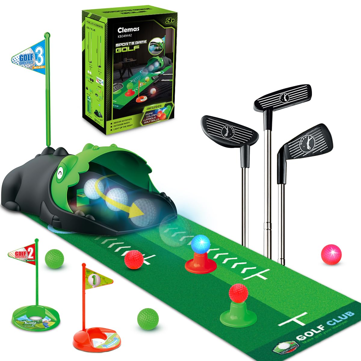 Clemas Upgraded Kids Toy Golf Set with Automatic Ball Returner, Led Light Up Golf Balls, 3 Clubs, Putting Mat, 3-5 Toddler Mini Golf Games, Indoor Outdoor Sport Toys Gifts for Boys Girls Aged 3 4 5 6