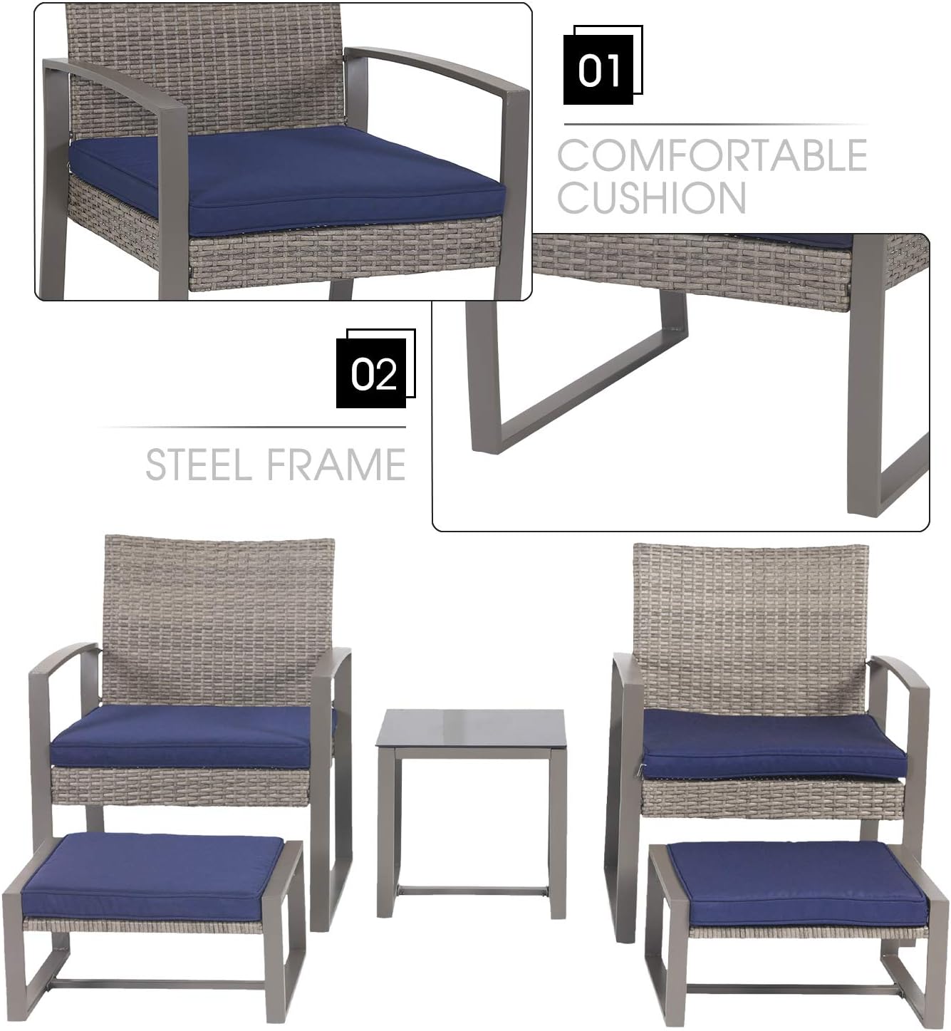 LOKATSE HOME 5-Piece Wicker Outdoor Conversation Set Patio Furniture PE Rattan All Weather Cushioned Chairs Balcony Porch with Ottoman and Glass Coffee Side Table, Blue: Garden & Outdoor