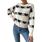 SKAYS Women's Heart Striped Sweater Cute Round Neck Drop Shoulder Loose Knit Top
