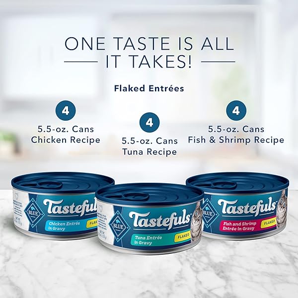 BLUE BUFFALO TASTEFULS NATURAL FLAKED WET CAT FOOD VARIETY PACK, TUNA, CHICKEN AND FISH & SHRIMP ENTRÉES IN GRAVY 5.5-OZ CANS (12 COUNT – 4 OF EACH)
