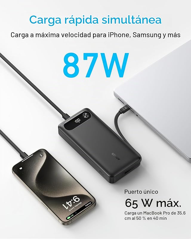 Power Bank 20.000 mAh 87 W con Cable USB C Integrado. Reacondicionado