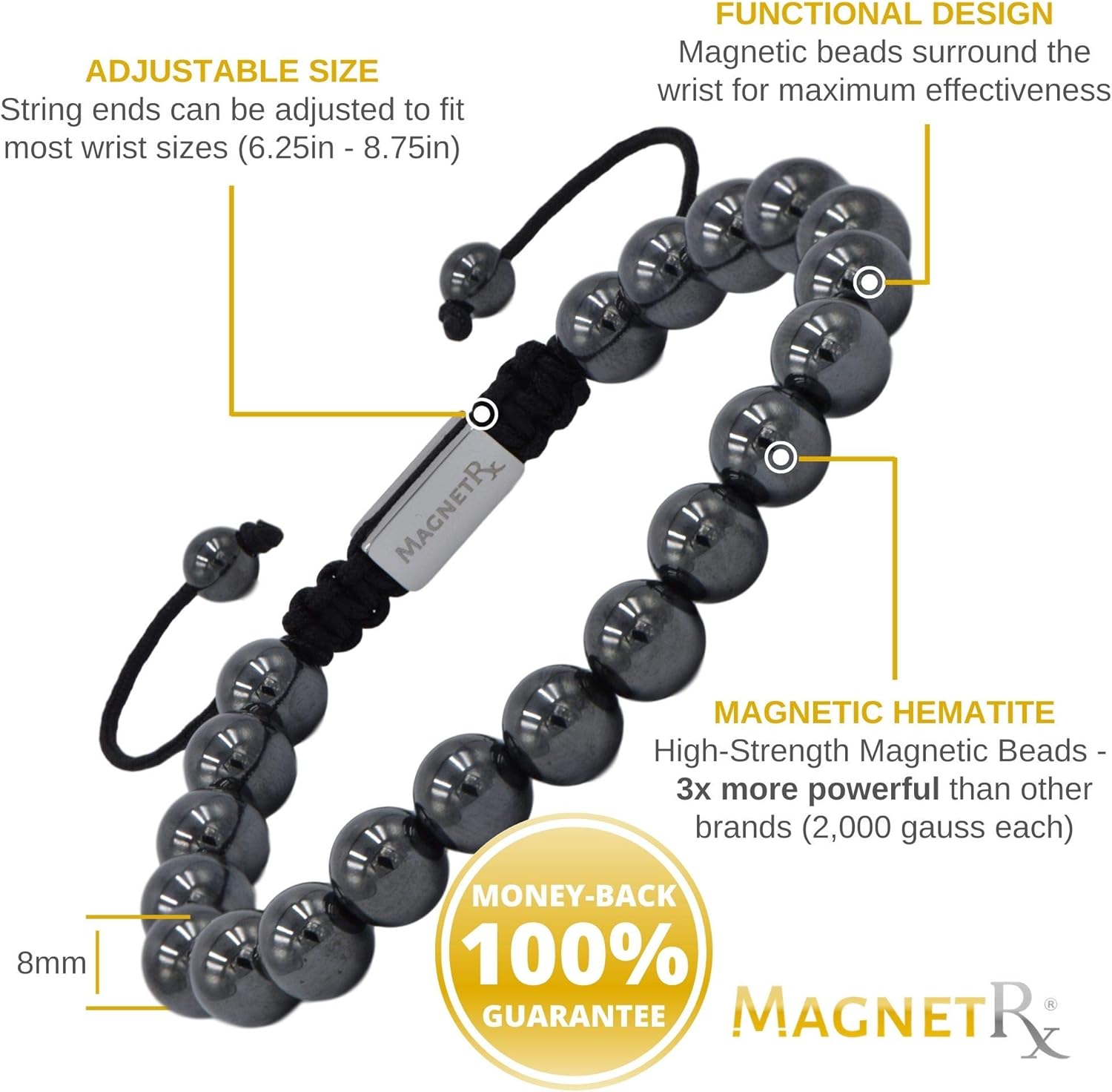 MagnetRX® Hematite Magnetic Therapy Bracelet - MAX Strength Natural Pain Relief and Healing Stones - Beaded Magnetic Hematite Bracelets (Double Strength 8mm): Health & Personal Care