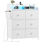 REAHOME Dresser for Bedroom with Charging Station and LED Lights, 6 Drawers Dresser TV Stand with Wooden Top, Tall Fabric Chest of Drawer with Sturdy Frame for Closet, Living Room, Hallway, White