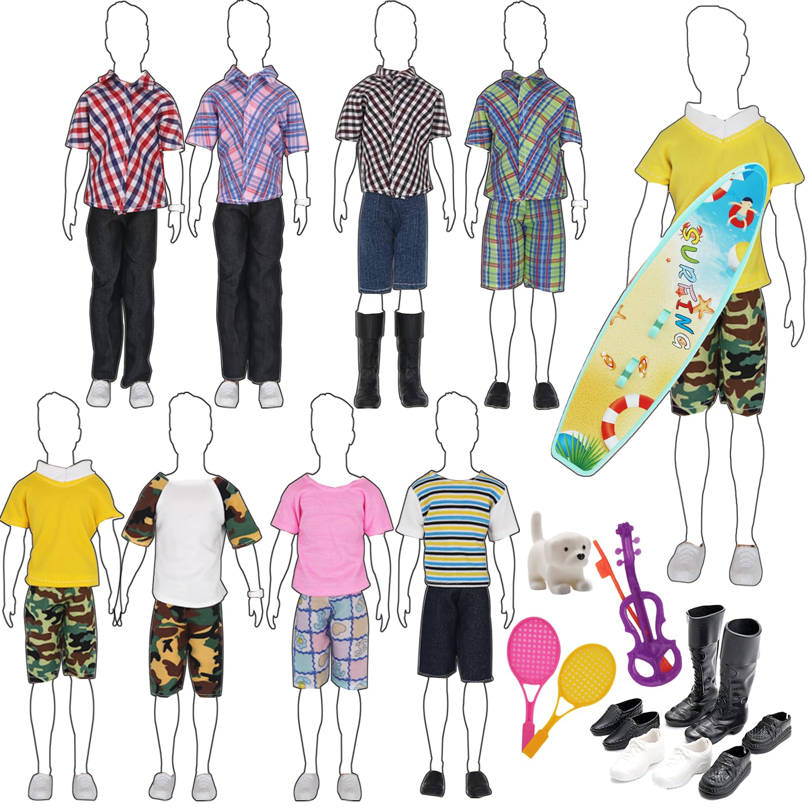 Photo 1 of EuTengHao 25Pcs Doll Clothes and Accessories for 12 Inch Boy Dolls Includes 16 Different Wear Clothes Shirt Jeans Pants Shoes for 12'' Boyfriend Doll with Dog,2 Tennis Racket,Violin and Surfboard
