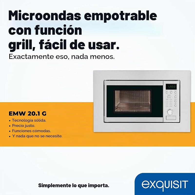 Microondas de Encastre, 20L, 800W, Grill 1000W, Acabado Acero Inoxidable, Temporizador Digital, Luz Interior, Plato 24,5Cm, Medidas 35,5x46,5x34 Cm.