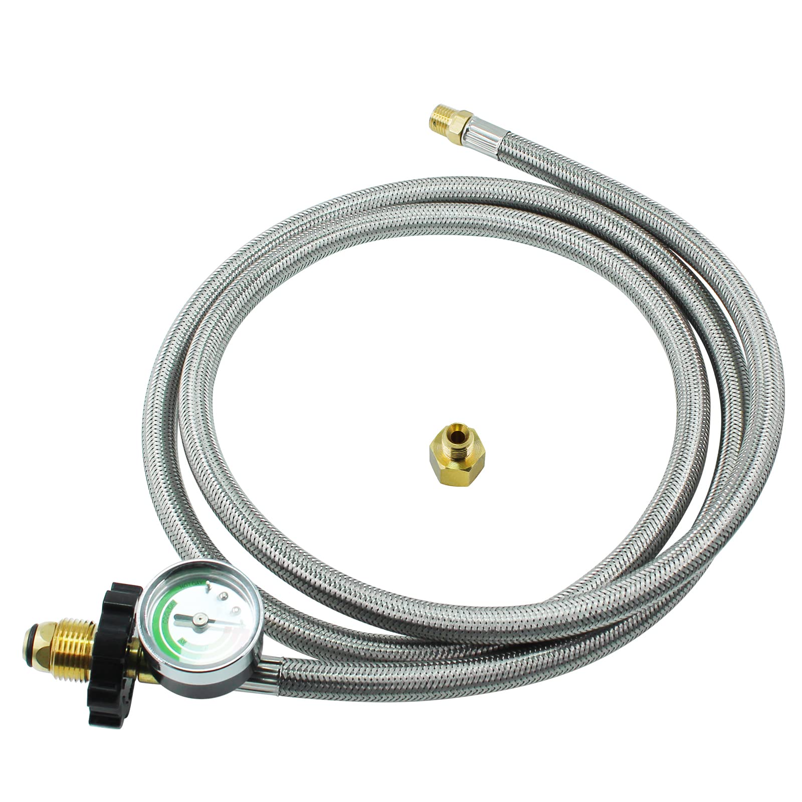 Photo 1 of MENSI 6FT Upgraded Braided Universal POL 1/4 inch NPT & Inverted Male Flare Propane Tank Pigtail Hose with Gauge for Standard Two-Stage Regulator