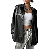 Floerns Women's PU Leather Button Oversized Blouse Going Out Party Long Sleeve Shirts