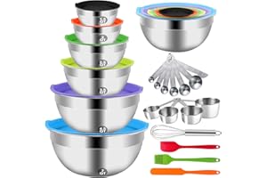 WEPSEN Mixing Bowls with Lid Set, 27PCS Kitchen Utensils Metal Bowl Stainless Steel Nesting Bowls, Measuring Cups and Spoons, Egg Whisk for Baking Prepping Cooking Serving Supplies