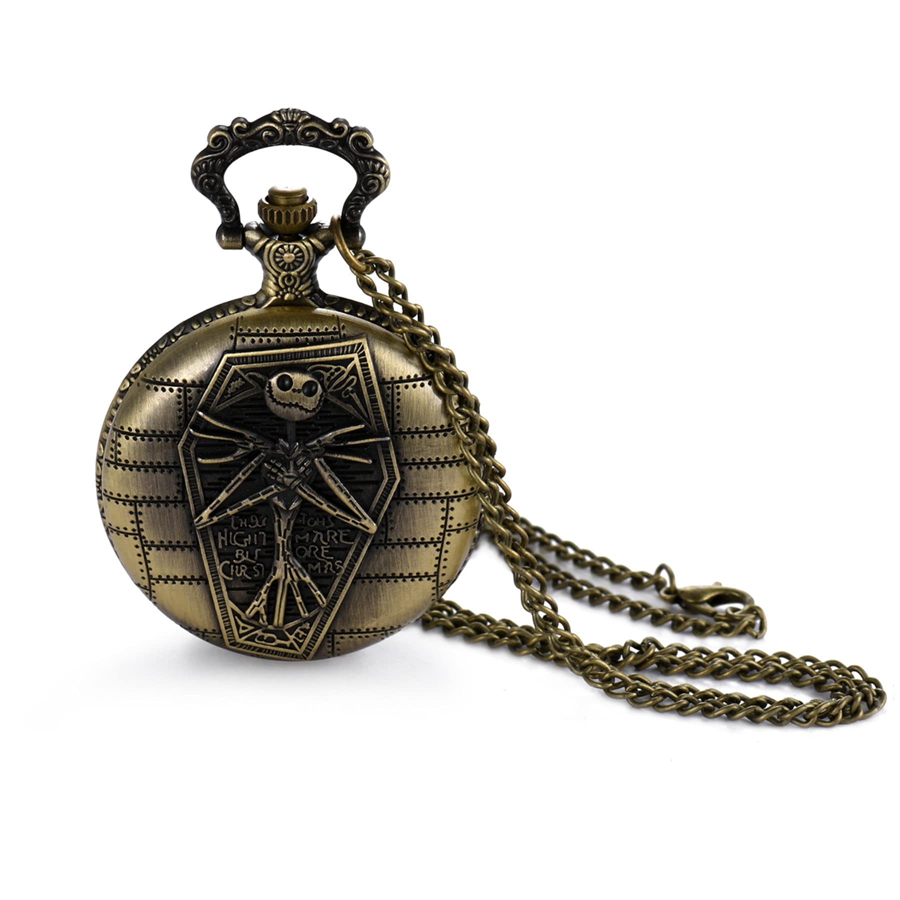 JewelryWe Vintage Pocket Watch Novelty Skull Skeleton Quartz Watch Necklace for Halloween Xmas