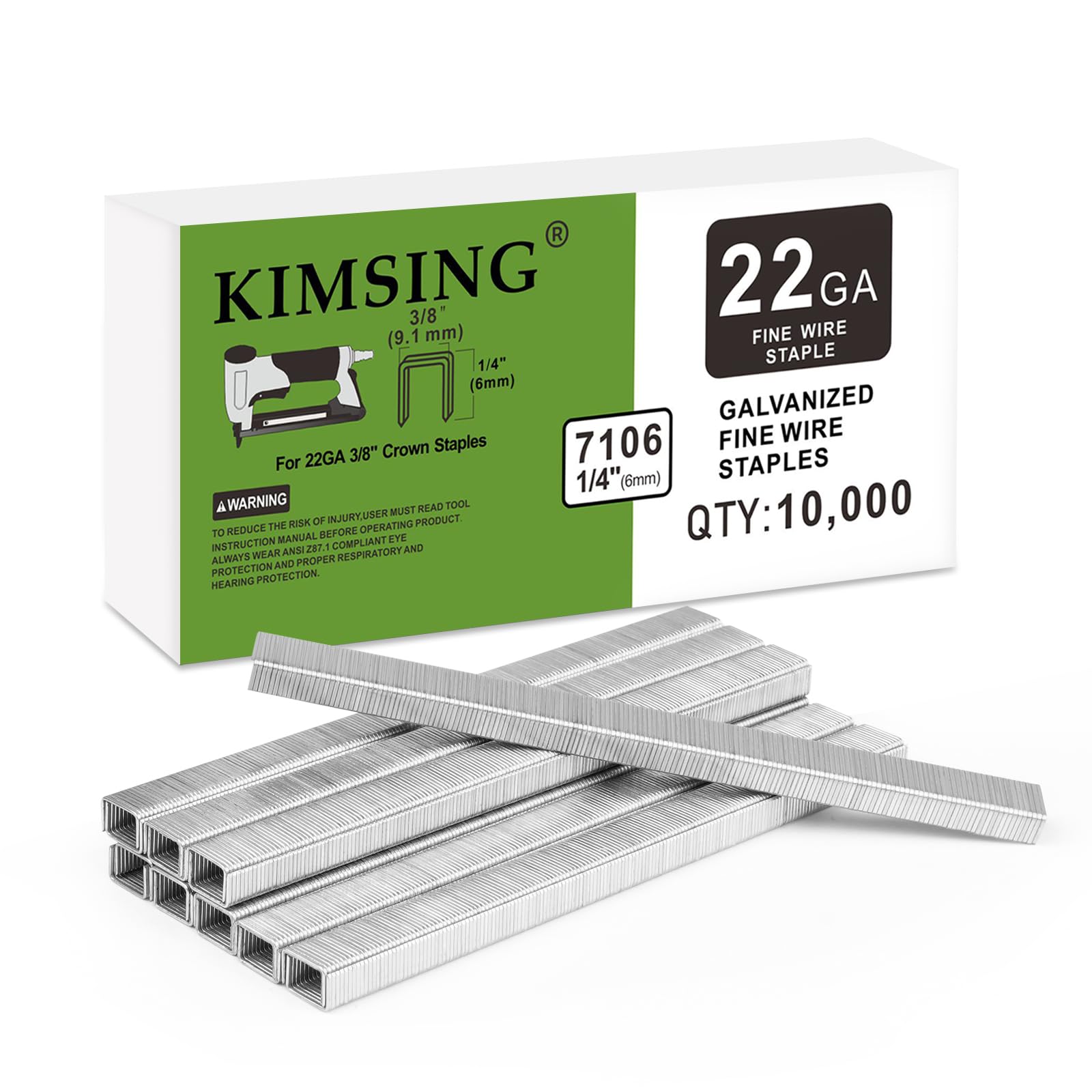 KIMSING 7106 22 Gauge Type 71 Galvanized Upholstery Staples, 10.8mm Crown 6mm Leg Length, 10,000pcs per Box, Fasteners for Fine Wire Stapler