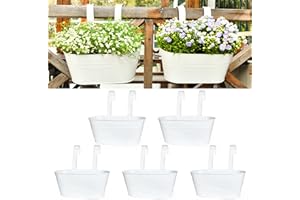 LOVOUS 5 Pack Railing Planter for Outdoor Plants Balcony Hanging Flower Pots with Detachable Hooks Metal Hanging Planters for Fence Garden Yard Patio Porch Home Decor,White