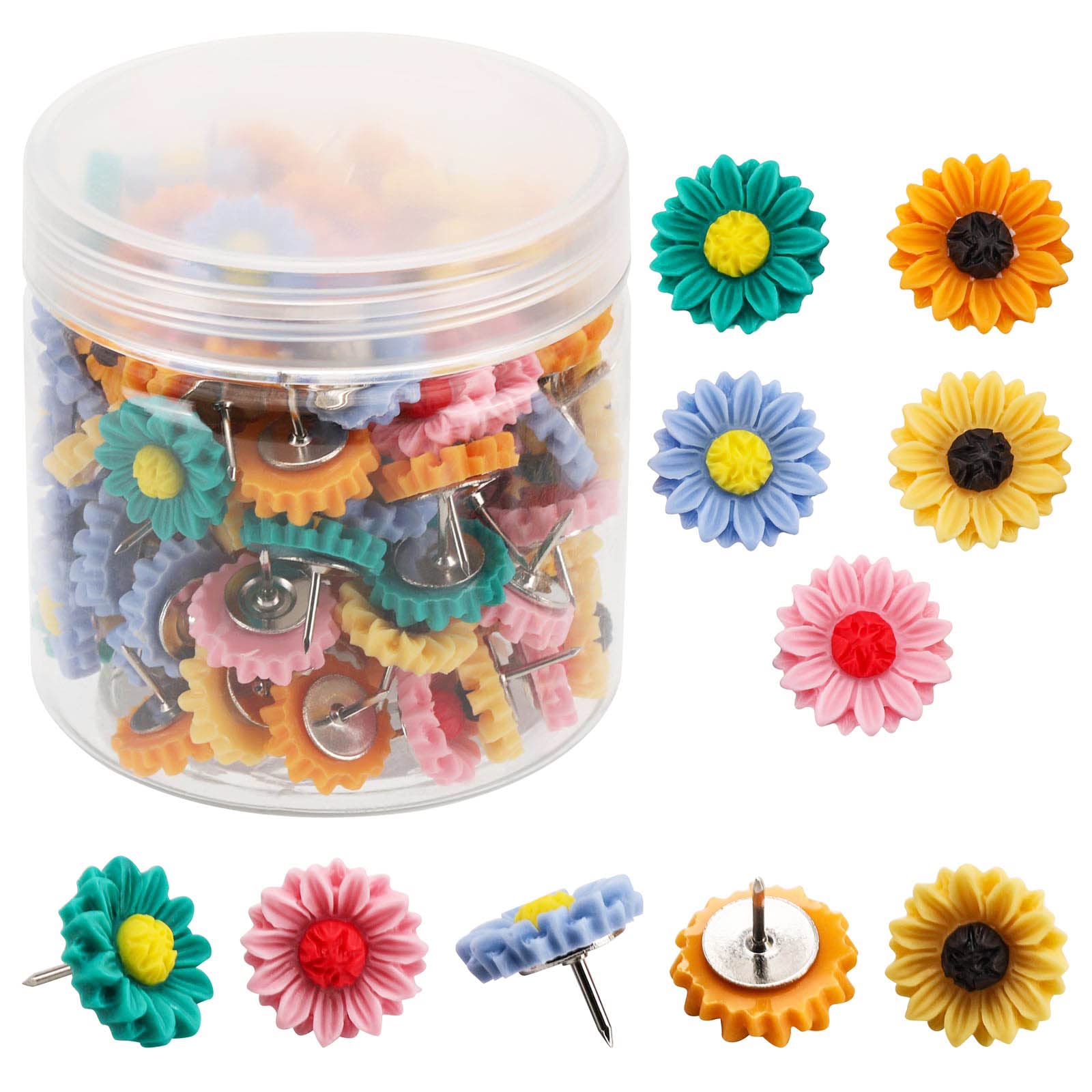 100PCS Sunflower Pushpins Decorative Push Pins with Bottles, Colorful Flower Thumb Tacks for Bulletin Board, Cork Board, Photo Wall, Office or Home