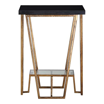 Elegant Modern Angled Black Gold Accent Table | Granite Marble Top Open