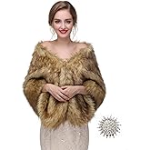 Anglacesmade Bridal Faux Fur Wrap Wedding Fur Stole with Brooch Evening Party Warm Shrug Cape